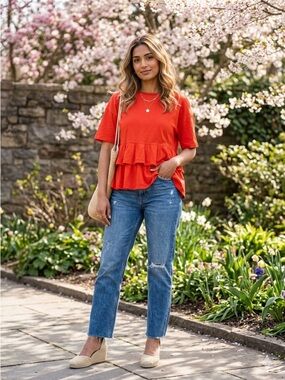 H&M Everyday Ruffle-Hem Peplum Tee - Vibrant Red SP EUC